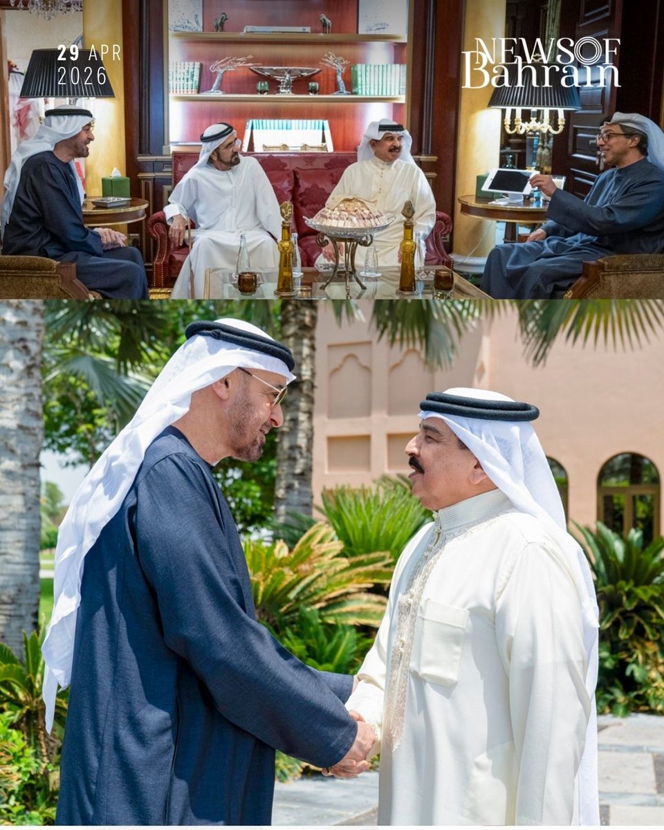 newsofbahrain's tweet image. HM King Hamad meets UAE President Shaikh Mohamed bin Zayed Al Nahyan and Dubai Ruler Shaikh Mohammed bin Rashid Al Maktoum in Abu Dhabi, where they discussed regional developments and reaffirmed deep-rooted bilateral ties between Bahrain and the UAE 

#NewsofBahrain #News