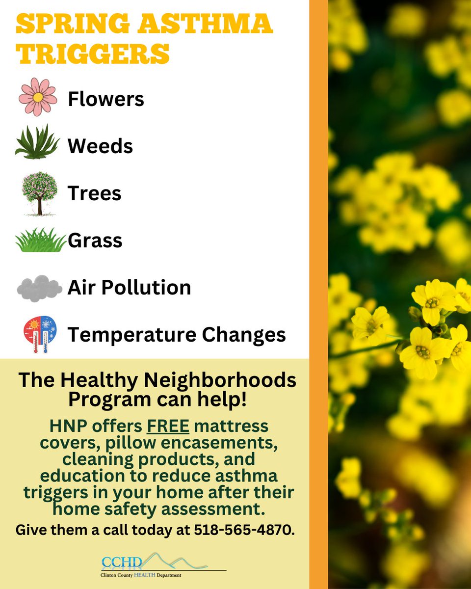 ClintonCountyHD's tweet photo. #Spring is here! The flowers are starting to bloom and unfortunately, #Asthma and #Allergy triggers are making their seasonal appearance. Contact the #HealthyNeighborhoodsProgram for a FREE home safety assessment and safety products to reduce asthma allergens in your home. https://t.co/fotUEgYZyj