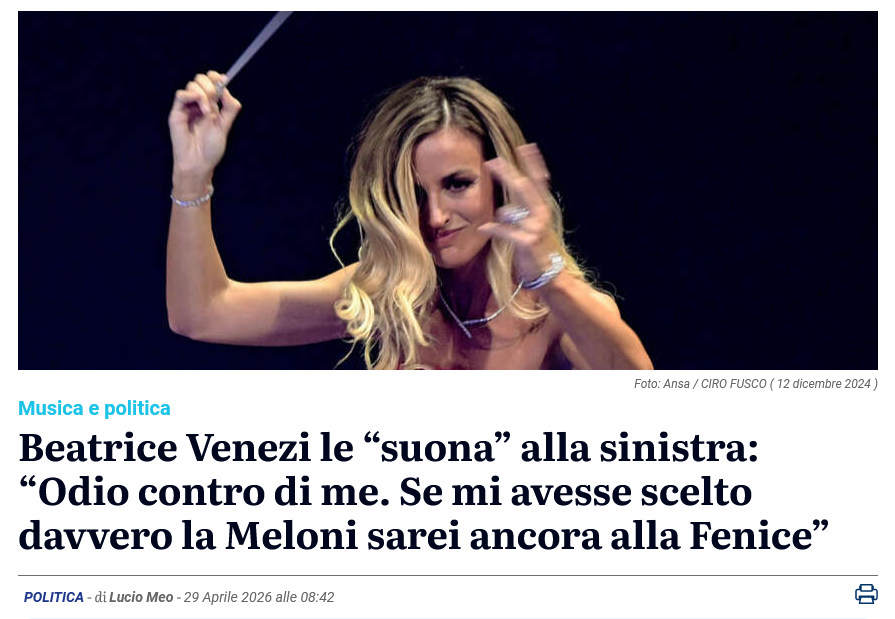 riktroiani's tweet photo. #BeatriceVenezi: "Ha vinto l’odio, quello di sinistra, contro il talento". 

E poi “Sono serena.  Sto ricevendo migliaia di messaggi, mail, commenti social. Un’ondata di  affetto dall’Italia e dall’estero perché la notizia è esplosa nel mondo”. Così in un’intervista al Corriere della Sera.

Tutte le parole della Venezi nell'articolo di Lucio Meo: https://t.co/LAB3QNUj6v

#LaFenice #Venezia #29aprile