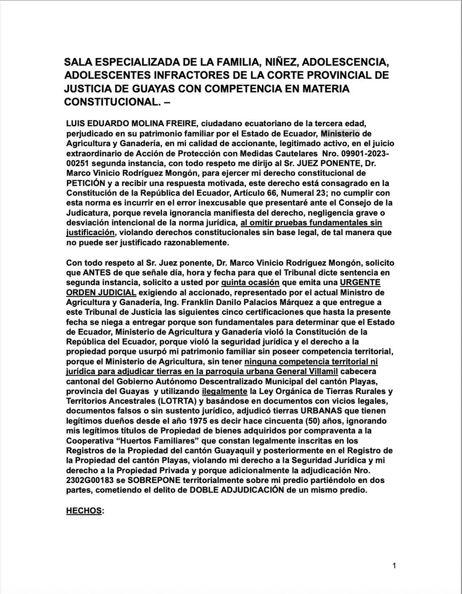 MolinaFreireLE's tweet photo. ¡¡¡ LATROCINIO EN EL MINISTERIO DE AGRICULTURA DE ECUADOR, #Atención #URGENTE Sr. Juan Carlos Vega Malo, Ministro del MAGP:

DESACATO A SENTENCIA JUDICIAL EJECUTORIADA, VULNERACIÓN DE DERECHOS CONSTITUCIONALES, INCOMPETENCIA DEL MAGP PARA INTERVENIR EN  TIERRAS URBANAS CON DUEÑO https://t.co/OisLMVyEvL