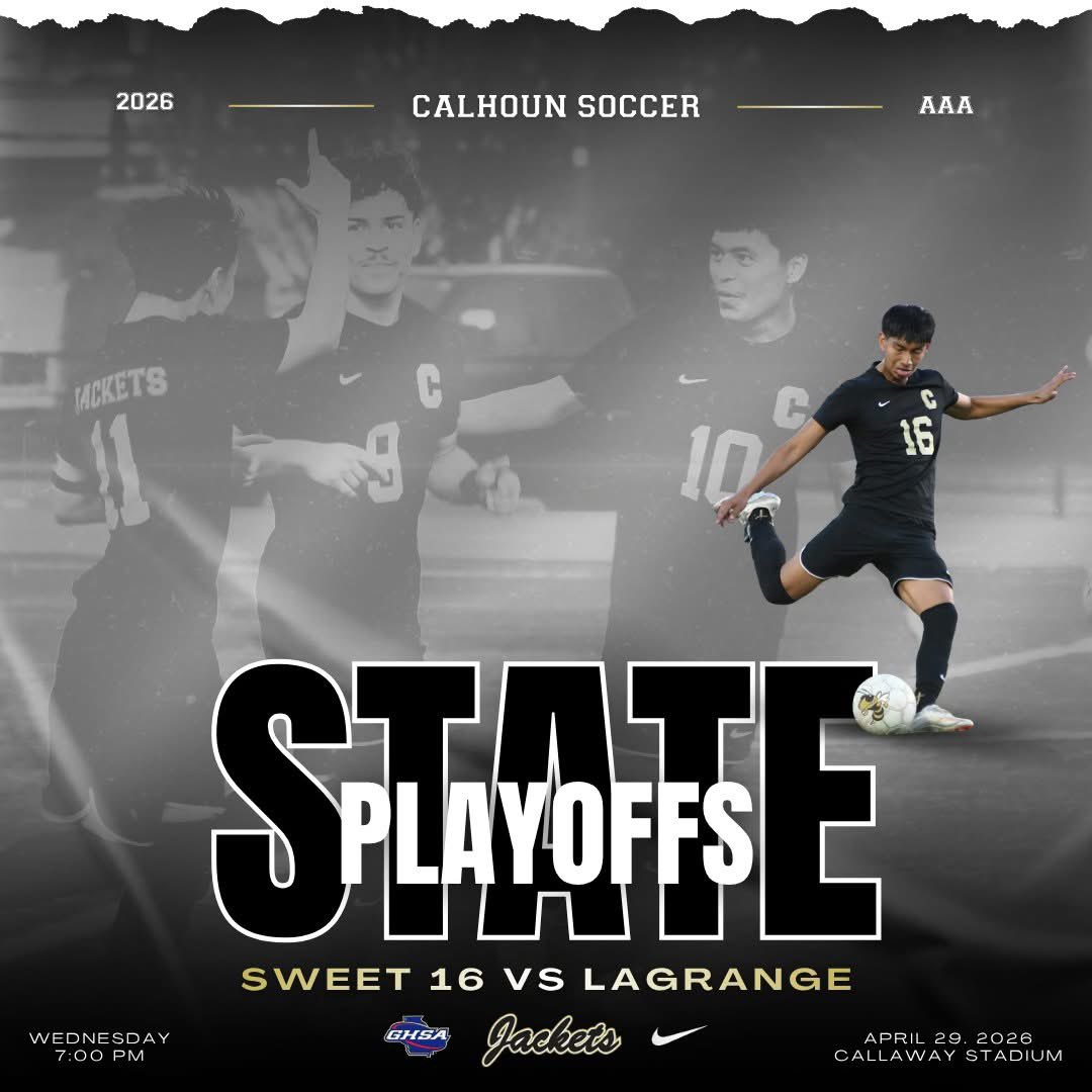 CalhounSchools's tweet image. Black &amp;amp; Gold on the road. ⚽🐝
CHS Boys Soccer travels to LaGrange for a Sweet 16 showdown tonight. Let's go Jackets! #StatePlayoffs #GoJackets