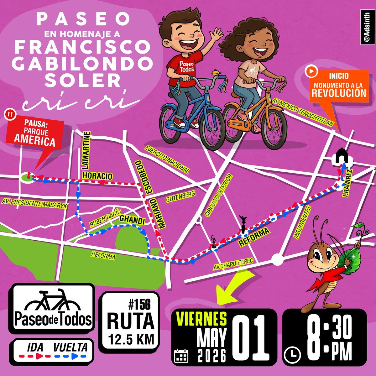 PaseodeTodos's tweet photo. En bici va un grillito por toda la ciudad,
cantando despacito su dulce libertad.

En esta ocasión te esperamos este VIERNES 1 de MAYO y celebremos juntos a los peques en un #PaseoCricri, homenaje a Gabilondo Soler.

#paseodetodos
Vie. 1 Mayo 2026
8:30 pm
Monum. Revolución, #CDMX https://t.co/1nYuzPgDeQ