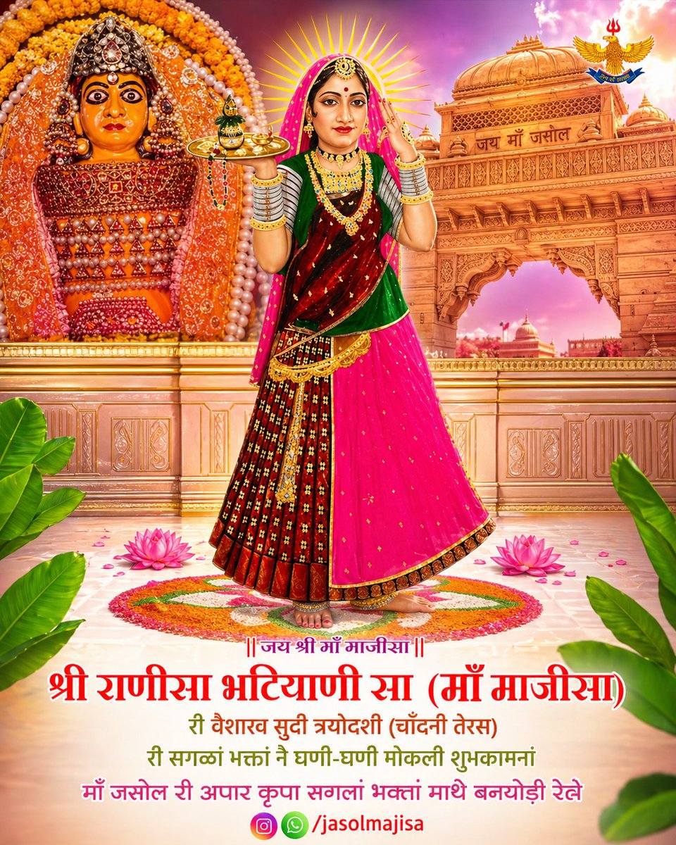 श्री राणीसा भटियाणी सा री वैशाख सुदी त्रयोदशी (तेरस) री सगळां भक्तां नै मोकळी शुभकामनां!🔱🙏🏻🪷

माँ जसोल री अपार कृपा सगलां भक्तां माथै बनयोड़ी रेवें! 

#jaimaajasol #maamajisa #jasoldarbar 
#shubhteras #temple