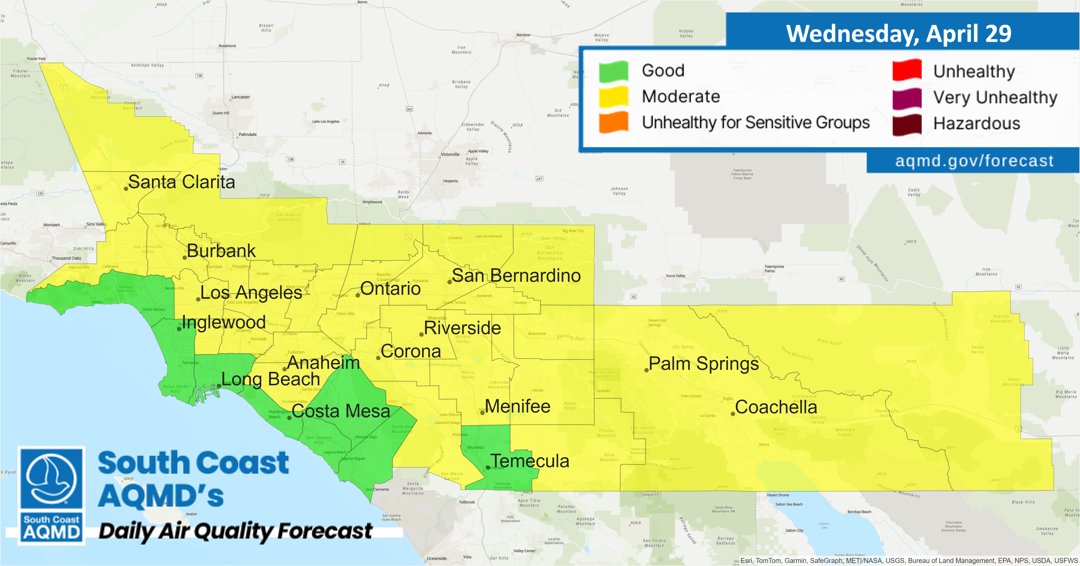 SouthCoastAQMD's tweet image. #AirQuality Forecast (Wednesday, April 29th): aqmd.gov/forecast
🏖 Coastal: Good
🏙 LA: Moderate
🌅 OC: Good -to- Moderate
🌄 Inland Empire: Good -to- Moderate
🌴 Coachella Valley: Moderate 

View our Real Time #AQI Map: aqmd.gov/aqimap
