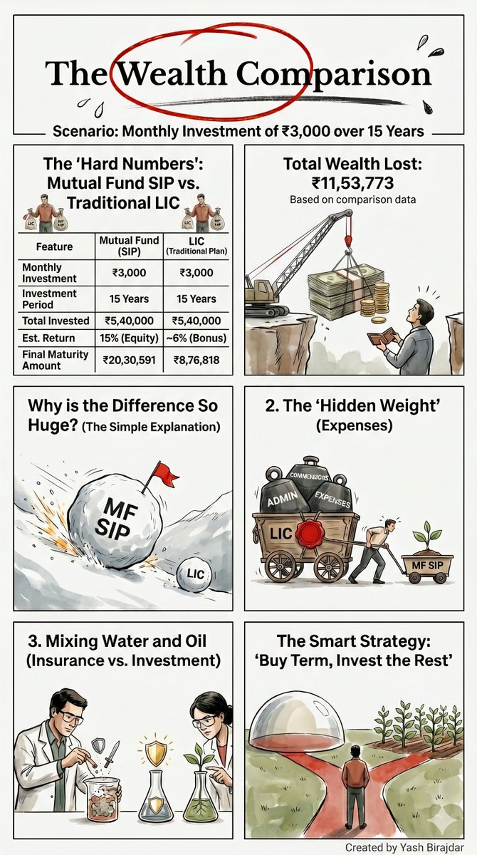 ybirajdar5's tweet image. Traditional LIC vs. Mutual Fund SIP? A ₹11,53,773 difference over 15 years! 🤯

Discover why mixing insurance and investment is a costly mistake and learn the smart strategy: 'Buy Term, Invest the Rest'. Full breakdown below. 👇

#Investing #PersonalFinance #MutualFunds #LIC