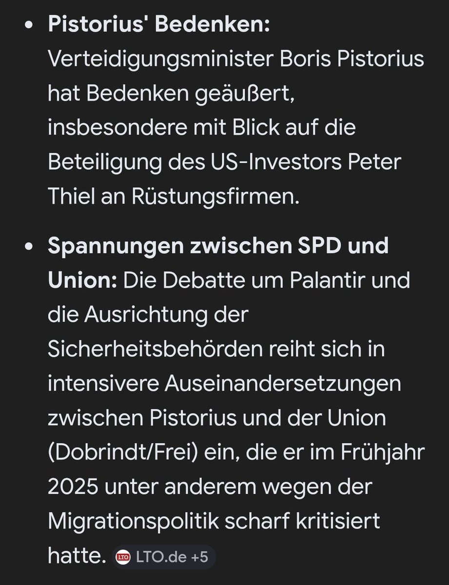 Dani_li_ma10_1's tweet image. Verteidigungsminister Boris Pistorius hat Bedenken an #Palantir geäußert, insbesondere mit Blick auf die Beteiligung des US-Investors Peter Thiel an Rüstungsfirmen.
Deshalbgibt es Streit zwischen Boris #Pistorius (SPD) und Alexander #Dobrindt (CSU)