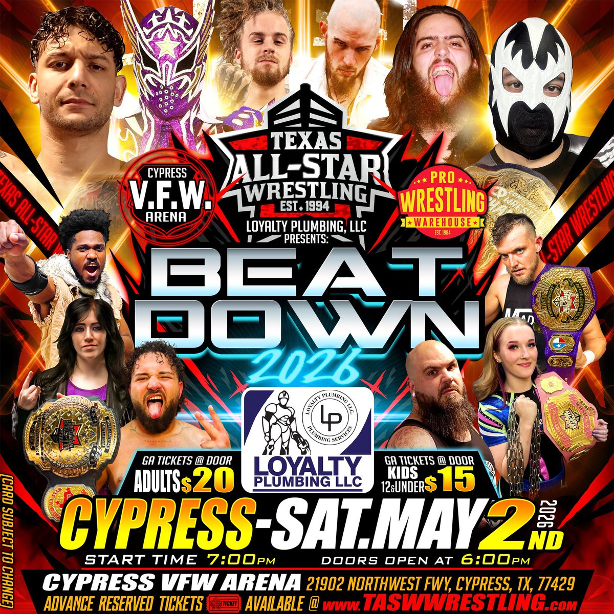 TASWwrestling's tweet photo. TASW LIVE this Saturday night May 2nd at the Historic Cypress VFW Arena! Bell time is 7pm. Order reserved tickets 🎟️ now at: https://t.co/G72Yqlj1CK. https://t.co/DGlzZEnKrm