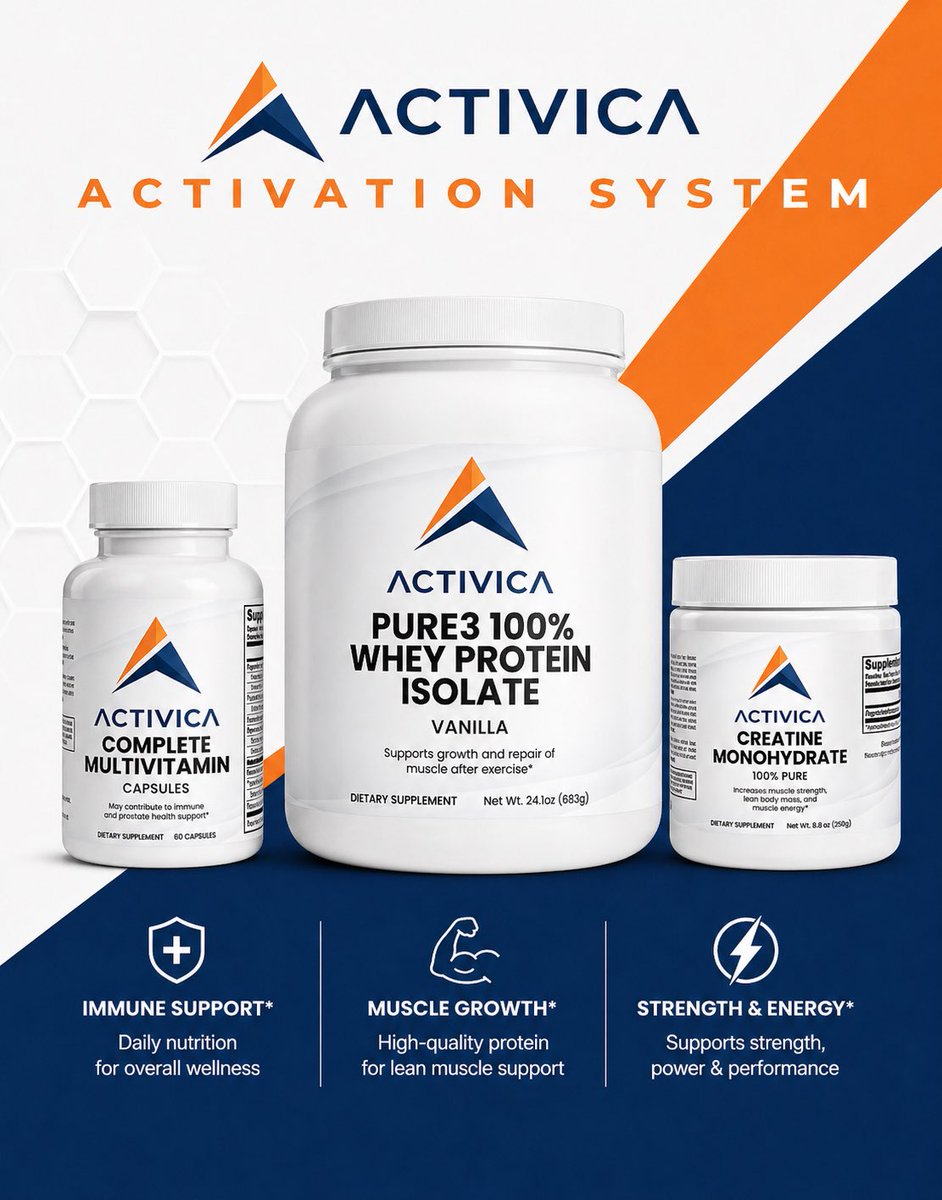Activicaio's tweet image. The Activica Activation System is your all-in-one foundation for:
⚡ Strength &amp;amp; energy
💪 Lean muscle growth
🛡️ Daily immune support

Activate your life.

Shop now → activica.io

#strength #muscle #wellness #energy #fitness