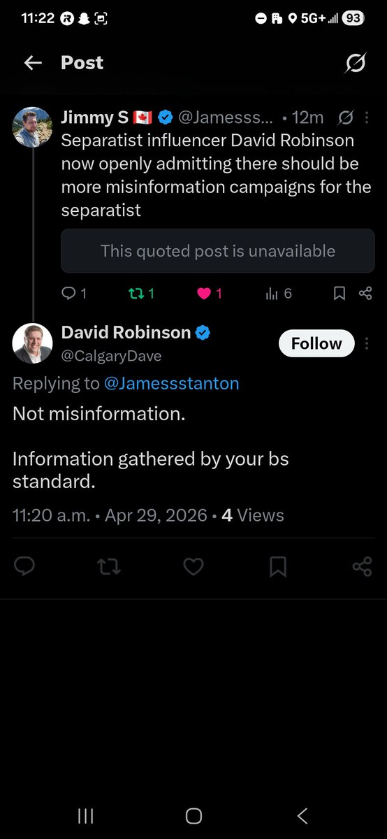 Jamessstanton's tweet image. @calgarydave 
I called out David Robinson for openly advocating for Separstist to ramp up the misinformation campaign. 

He proceeded to block me. 

Add this guy to the growing list of seperatist that have blocked me for calling them out on their bull 
#albertaindepence #Alberta