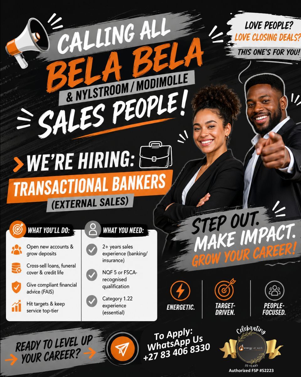EAW_Projects's tweet image. To Apply WhatsApp Us +27 83 406 8330. We’ll be in the area from Monday, 4 May 2026! Look out for our orange T-Shirts! 

#EnergyAtWorkProjects #EAWP #Energy #Passion #HumanTouch #NowHiring #SalesJobs #BankingCareers #FinancialServices #JobOpportunity #ExternalSales #CareerGrowth