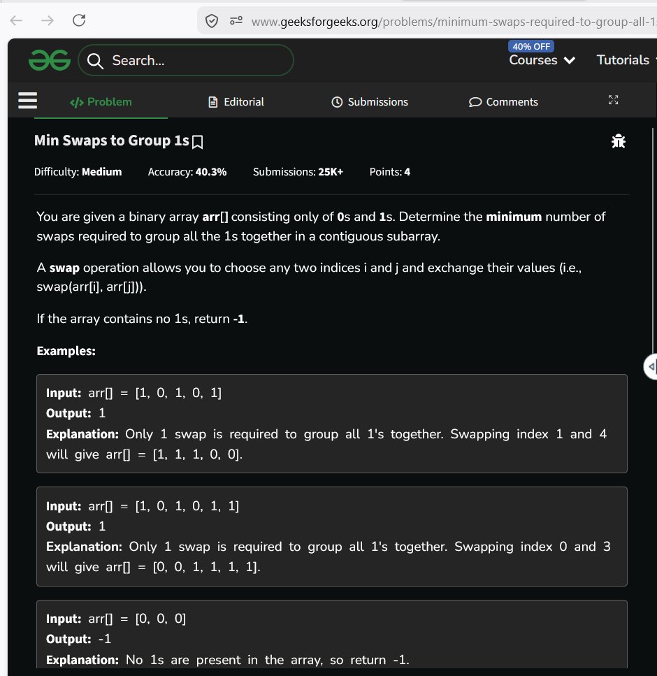 AnujUpadhayay07's tweet image. #Day 75
Solved the "Min Swaps to Group 1s" problem as part of my ongoing challenge on @geeksforgeeks  in collab with @NPCI_NPCI  

Used sliding window approach by fixing window size equal to total 1s and minimizing zero in that window

TC: O(n)
#GeekStreak60 #GeeksForGeeks #DSA