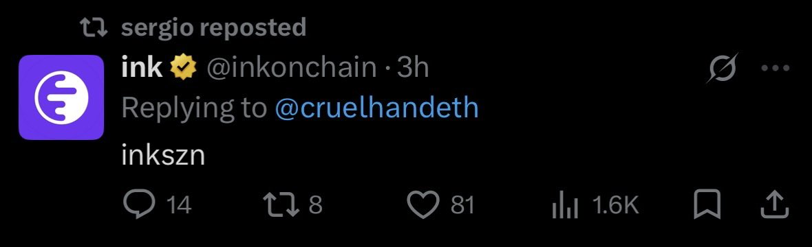 0xDeville's tweet photo. 🚨JUST IN: 

@INKONCHAIN REPLIED TO A “INKSZN” TWEET BY @CRUELHANDETH 👀

ITS OFFICIALLY $INK SZN 🚀 https://t.co/eTUC6aMedl