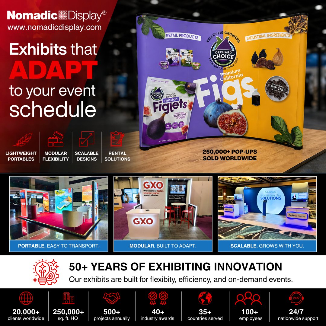NomadicDisplay's tweet photo. Different shows. Different spaces. Different goals.

Your exhibit should keep up.

Portable. Modular. Scalable. Built to move, adjust, and fit your event schedule.

See how a Nomadic exhibit can work for your next show:
https://t.co/oUAfhAuAGY

#NomadicDisplay https://t.co/wVPOJaAfoG