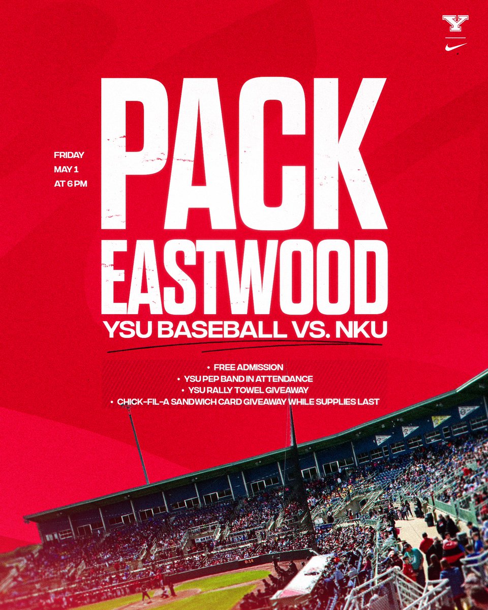 YSUBaseball's tweet image. 𝙋𝙖𝙘𝙠 𝙀𝙖𝙨𝙩𝙬𝙤𝙤𝙙 ‼️🐧⚾️🏟️

Help us #PackEastwood this Friday night as we begin a three-game Horizon League series vs. NKU at 717 Credit Union Field at Eastwood in Niles!

🔴 Free Admission
🔴 YSU Rally Towel Giveaway
🔴 Chick-Fil-A Sandwich Card Giveaway

#GoGuins