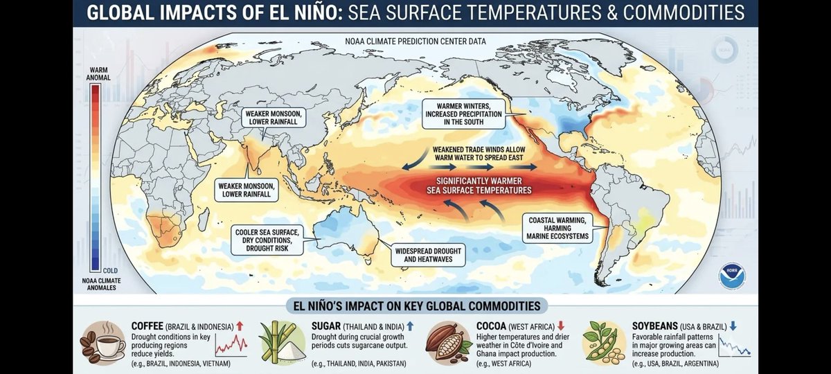 Credit_Junk's tweet photo. Good setup in Cocoa
Fundamentals: strong Nino is coming with production at risk in 70% of production countries
Tech: compression as a good bottom of downtrend, positioning of speculators very short https://t.co/jV8I1TEDc7