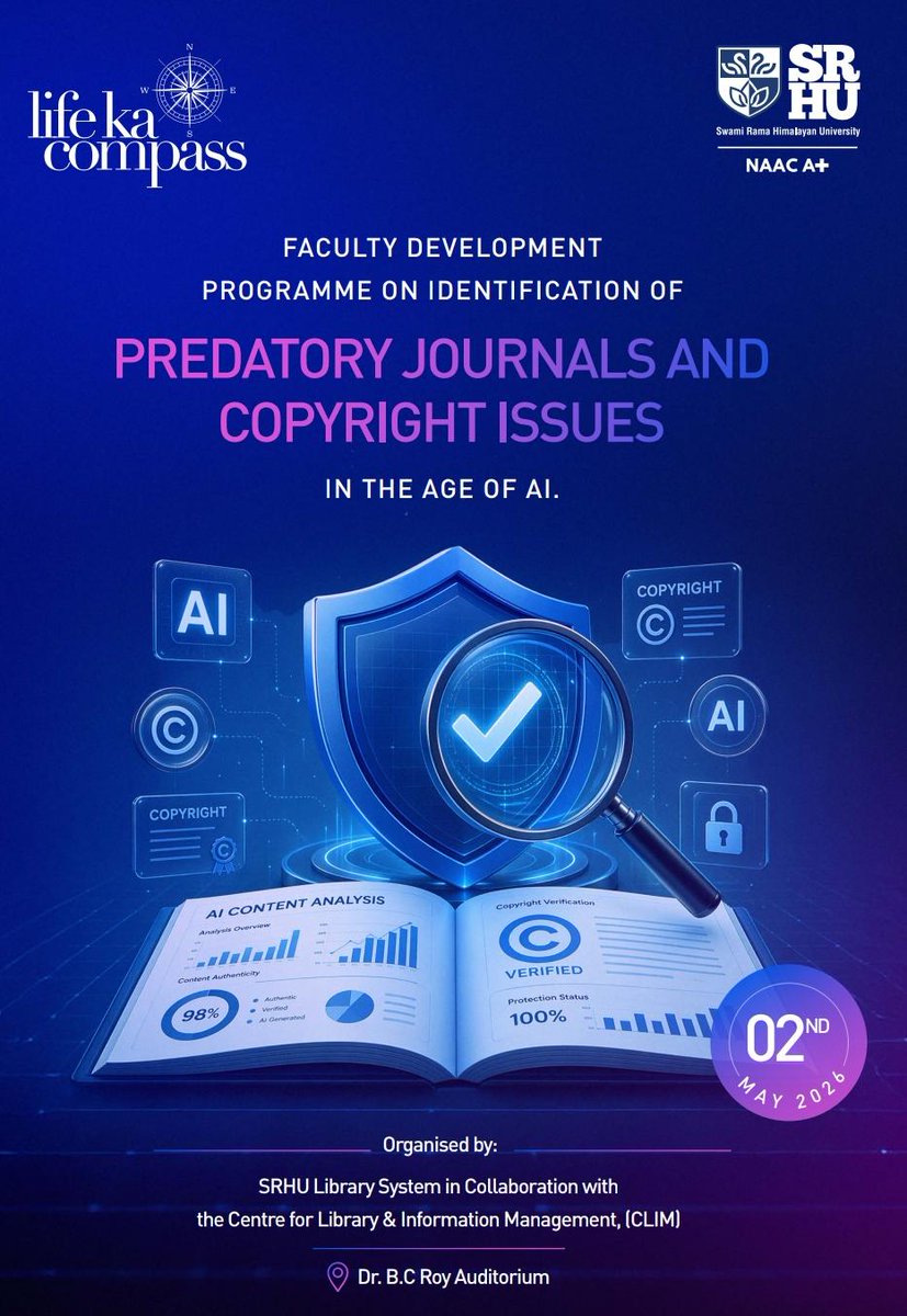 imrupak's tweet photo. Topic: Identification of Predatory Journals and Copyright Issues in the Age of AI
Time: May 2, 2026 09:30 AM India
Join Zoom Meeting
https://t.co/1EcGld8Ysg

Meeting ID: 860 0382 1935
Passcode: 237844 https://t.co/ba0VpDKAVW