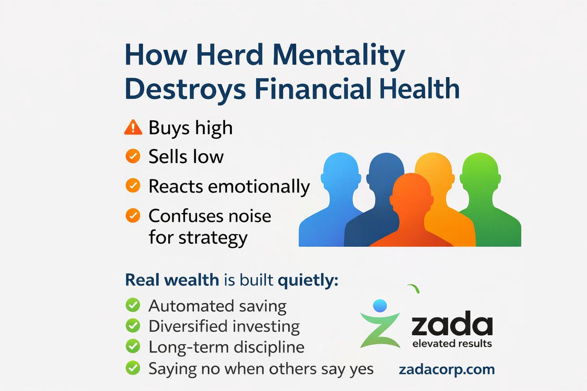 CashQueen55's tweet photo. Herd mentality is expensive.

When everyone is buying, it feels safe.
When everyone is upgrading, it feels normal.
When everyone is panicking, it feels logical.
Before your next money move, ask:
Strategy… or social validation?

#Investing #MoneyMindset #WealthBuilding https://t.co/jUqDQBWnGh