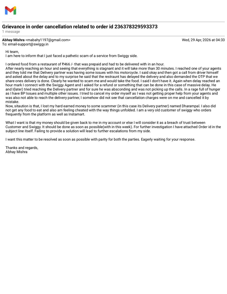 RstarAbhay's tweet photo. Hey @Swiggy @SwiggyCares, I’ve been scammed, order was never delivered. After a massive delay, the driver had the nerve to demand my delivery OTP before arrival!​When I sought help, I got conflicting stories and was eventually forced to cancel, only to be charged the full amount. https://t.co/XLJSPjDhzZ