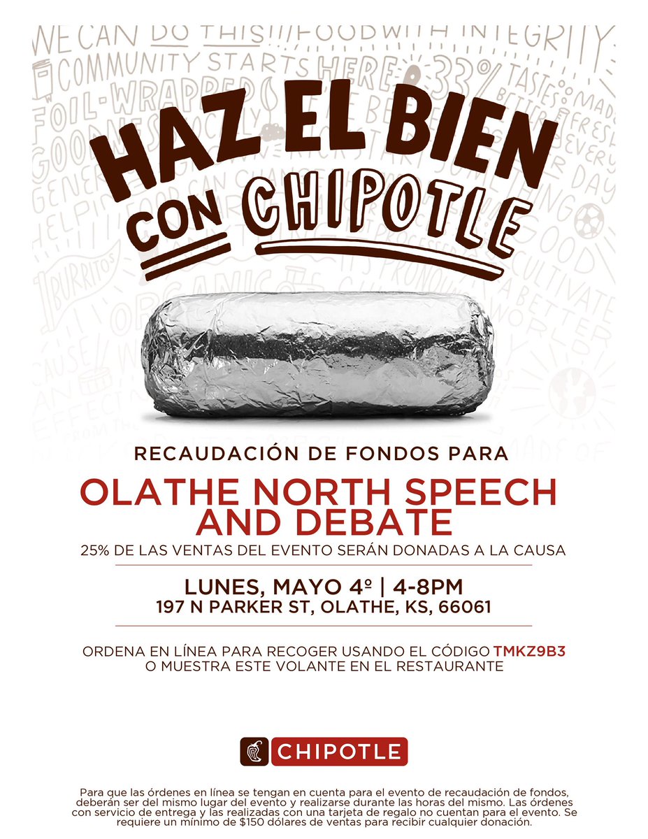 ONHSDebate's tweet photo. Come Celebrate Star Wars day with us at Chipotle!! Show the flyer when you order or use the code TMKZ9B3 and order ahead online! https://t.co/zBuTRAaEIS