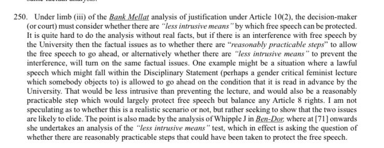 ComAcFreedom's tweet photo. One striking passage in the Sussex v Office for Students judgment handed down today suggests that, in some cases, a “less intrusive” way to manage controversial speech — the judge cites gender-critical talk about women’s sex-based rights as her hypothetical example — might be to require a lecture to be read in advance, for example by university administrators.

The difficulty is what this implies in practice. Under the OfS’s own guidance on complying with the Higher Education (Freedom of Speech) Act, the starting point is simple: if it is “reasonably practicable” to allow the speech to go ahead — including by simply not restricting it — then that step must be taken. So the judge’s example here begins to blur the line between allowing speech and managing it, by suggesting that some form of control may still be appropriate even where the speech could simply proceed.

The risk is that the question “should we allow it?” — even if answered in the affirmative — is then followed by another: “how can we control it to minimise upset or complaints?”.

And just like that, we’re back in 2018. 

@ProfAliceS @jk_rowling @Docstockk @Fox_Claire