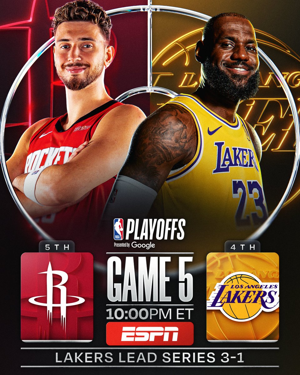 NBA's tweet image. LAKERS EYE WEST SEMIS, ROCKETS LOOK TO FORCE 6 ‼️

Alpy and Houston avoided elimination on Sunday night thanks to a full-team effort. With a commanding 3-1 series lead... LBJ and Los Angeles look to advance tonight!

⏰ 10:00pm/et, ESPN
🍿 NBA Playoffs presented by @Google