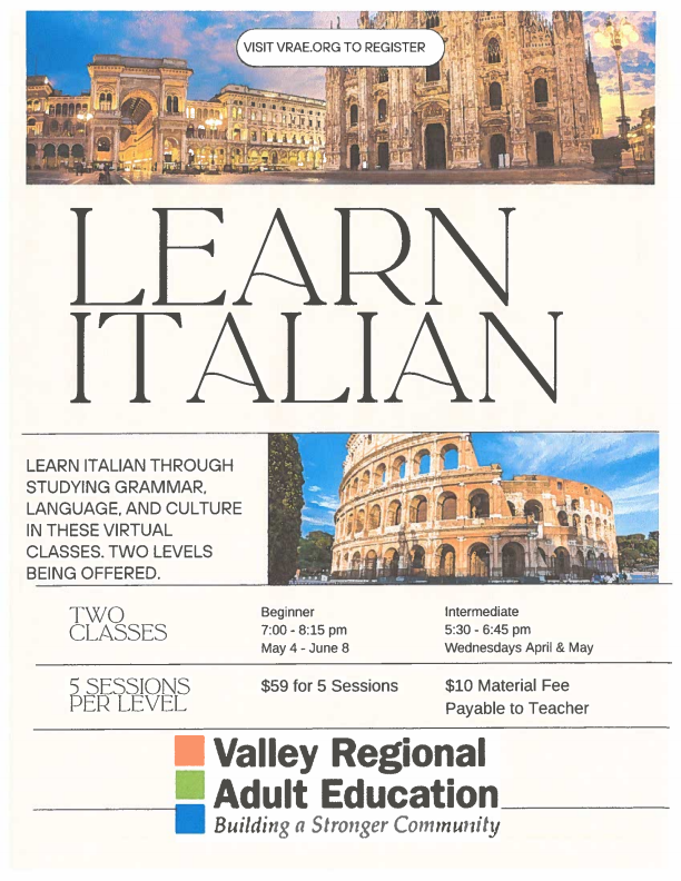 ValleyAdultEd's tweet photo. Don't miss out on this Italian class! Starts May 4th! Sign up at https://t.co/xje5VZOI8m or call us at 203-924-6651! https://t.co/tykwoA7BsB