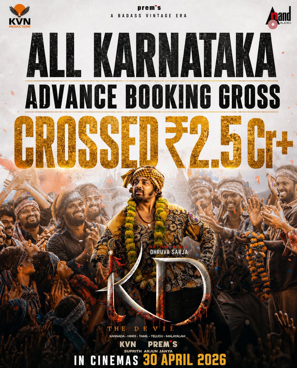 yogeesh15122's tweet photo. #KDTheDevil already crossed the #Pogaru Karnataka Final Pre-Sales Gross 

👉Pre-Sales - ₹2.5 Cr+ 👌👌👌

#DhruvaSarja #KicchaSudeep https://t.co/5r4Gxn8vQ9