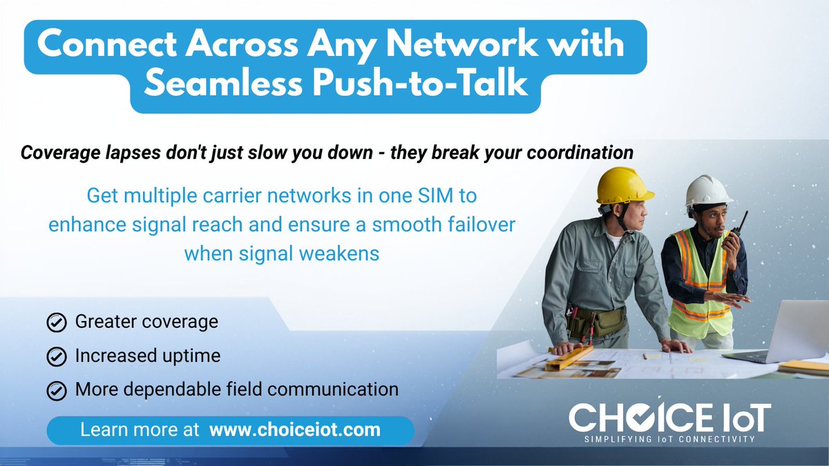 ChoiceIoT's tweet image. Stay connected across networks with seamless push-to-talk and stronger field communication from @ChoiceIoT.
Learn more at hubs.ly/Q04dSllX0
#IoT #iotdata #5G #iotsim #tmobile #verizon #att #choiceiot