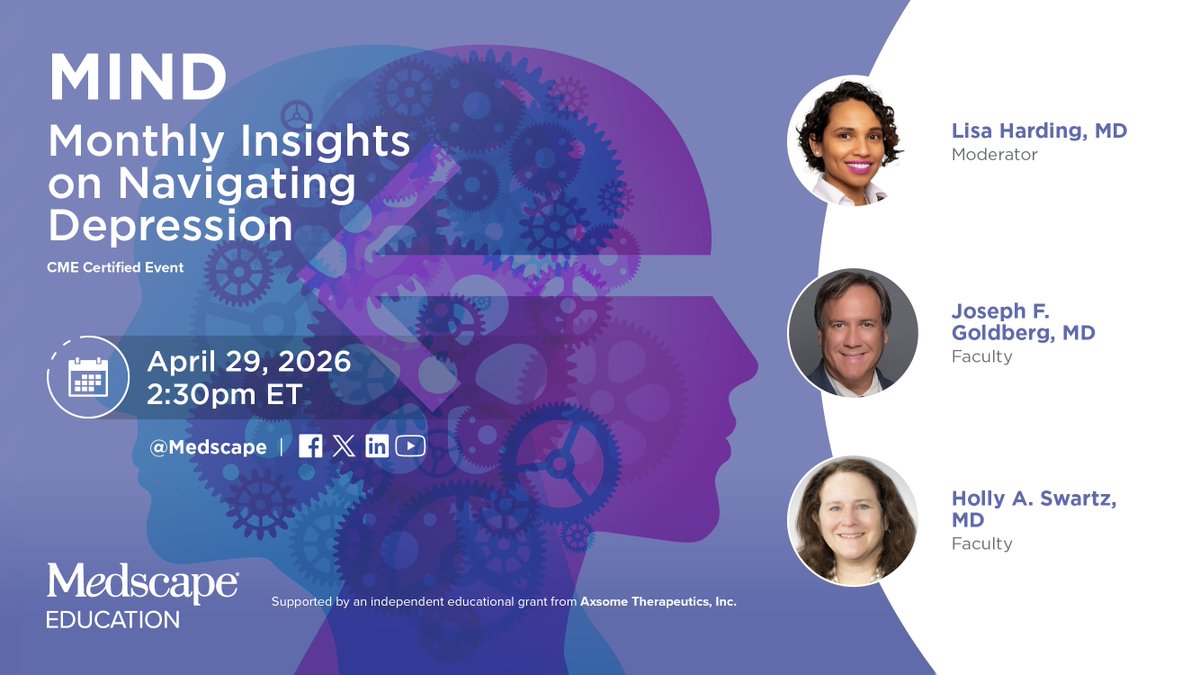 MedscapeObGyn's tweet image. Starting in 1 HOUR ➡️ youtube.com/watch?v=XWC9D2…   

Depression care is evolving. Join our live clinical deep dive into novel agents and learn how to move beyond traditional therapy limits. Not to be missed!

#Depression #CME #MentalHealth #Psychiatry