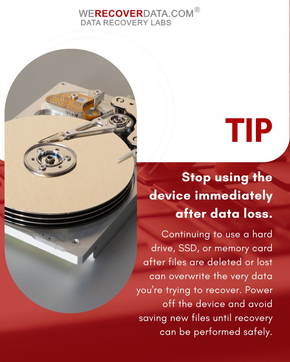 WeRecoverData's tweet photo. Stop using the device immediately after data loss.
Continuing to use a hard drive, SSD, or memory card after files are deleted or lost can overwrite the very data you're trying to recover. Power off the device and avoid saving new files until recovery can be performed safely. https://t.co/rdttBJgFfy