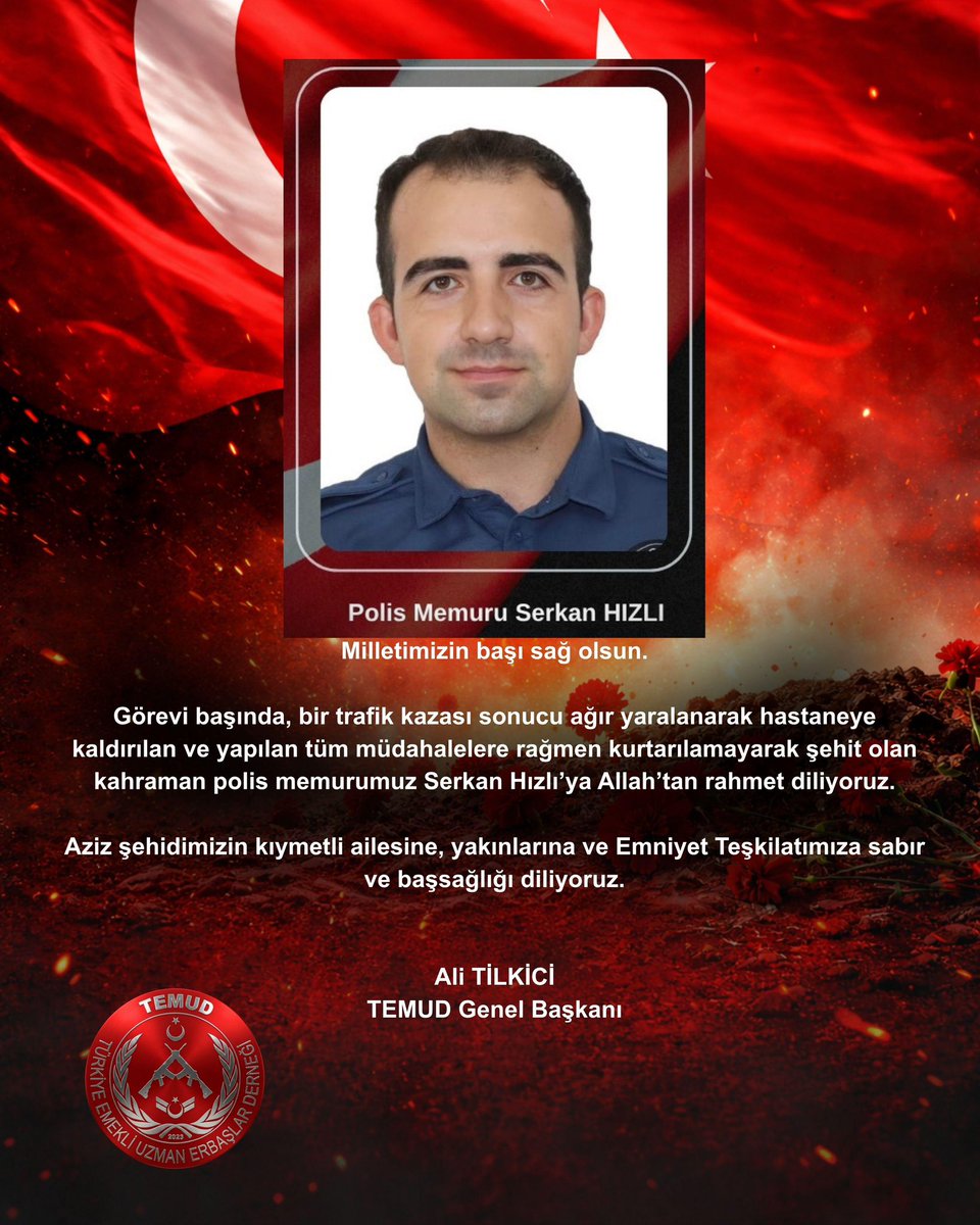Milletimizin başı sağ olsun.

Görevi başında, bir trafik kazası sonucu ağır yaralanarak hastaneye kaldırılan ve yapılan tüm müdahalelere rağmen kurtarılamayarak şehit olan kahraman polis memurumuz Serkan Hızlı’ya Allah’tan rahmet diliyoruz.

Aziz şehidimizin kıymetli ailesine,