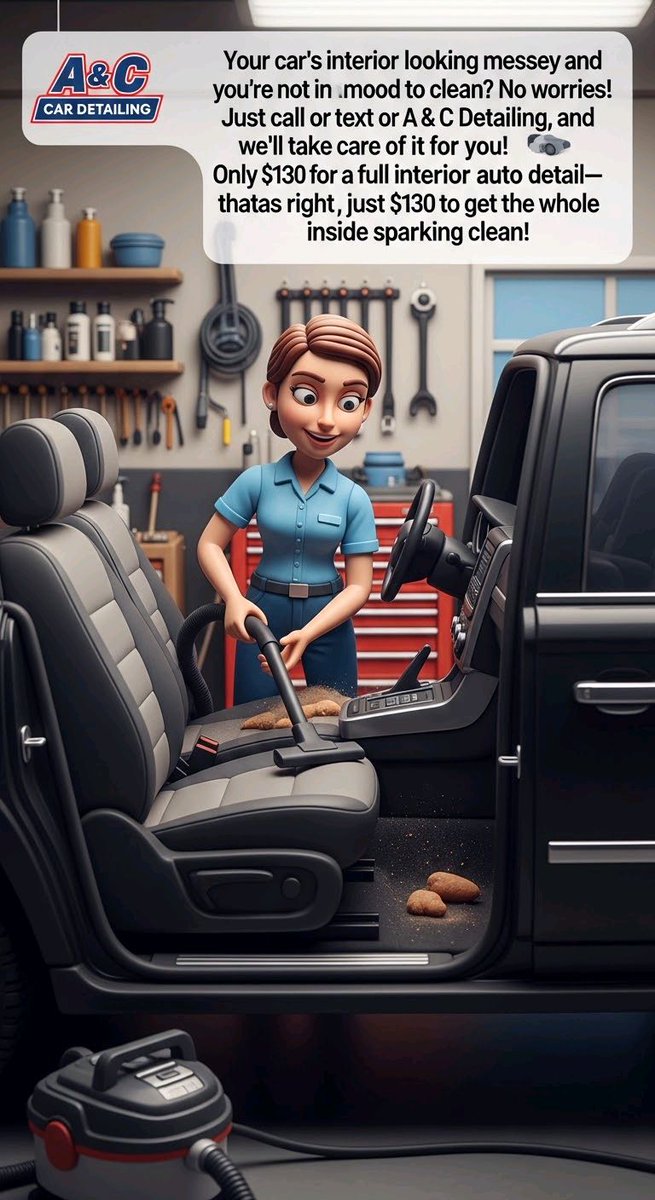 AndDetailing234's tweet photo. 🫧Your car's interior looking messy and you’re not in the mood to clean? No worries! Just call or text A &amp; C Car Detailing, and we’ll take care of it for you! Only $130 for a full interior auto detail—that’s right, just $130 to get the whole inside sparkling clean!✨️#sparkling https://t.co/Evz8NxIBBI