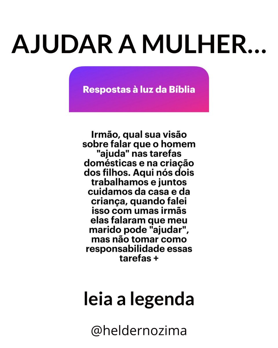 nozima's tweet photo. AJUDAR A MULHER

1. Muitos evangélicos projetam sobre a Bíblia uma certa visão cultural e acabam errando na interpretação. O “ajudar a mulher” é um bom exemplo.

2. A Bíblia não traz uma divisão precisa do que homens e mulheres devem fazer em uma família. O que há é a descrição de como homens e mulheres viviam naquela época e cultura, com as condições econômicas  daquelas sociedades.

3. Mas há algumas coisas que são atemporais. Criar os filhos é tarefa dos dois. Pais têm uma responsabilidade definida de instruir e educar espiritualmente seus filhos (Deuteronômio 6, por exemplo). Logo, criar filhos é tarefa dos dois.

4. Maridos têm o dever de viver a vida comum do lar (1 Pedro 3:7). Isso inclui participar das atividades domésticas e se interessar por elas. Agora, ele também é o que ganha o pão com o suor do rosto (Gênesis 3:17-19). Sim, a responsabilidade de prover é dele.

5. E sim: a esposa têm o dever de ser “dona de casa” (Tito 2:3-5). Biblicamente, ela possui sim essa função.

6.  Mas isso significa que apenas o marido deve prover e apenas a esposa cuida de casa. A mulher trabalhava na Bíblia (Provérbios 31, Rute) e o marido também cria filhos e participa do lar.

7. Casamento é uma aliança de dois. Não é um trabalho desleixado, onde cada um faz o que está no contrato e dane-se o resto. É de interesse dos dois que o casamento dê certo, ambos estejam felizes e os filhos cresçam santos e saudáveis.

8. E situações excepcionais acontecem. Maridos e esposas podem adoecer, se acidentar…e tanto a provisão como as coisas da casa terão que ser feitas, não?