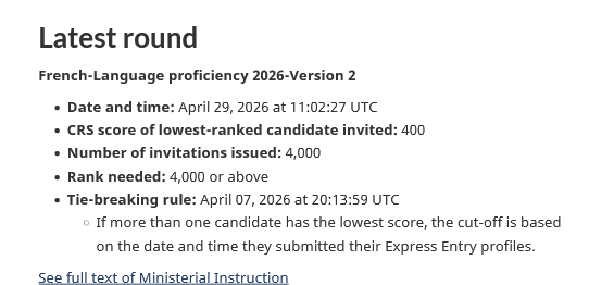 TTRRMK's tweet photo. Express Entry Draw - April 29, 2026 - French-Language Proficiency - 4,000 candidates eligible under the French-language category and #CRS scores of 400+ were invited to apply for permanent residence #cndimm #PR #ITA  https://t.co/PQzy1GhLrE https://t.co/rqCkkTiqgf