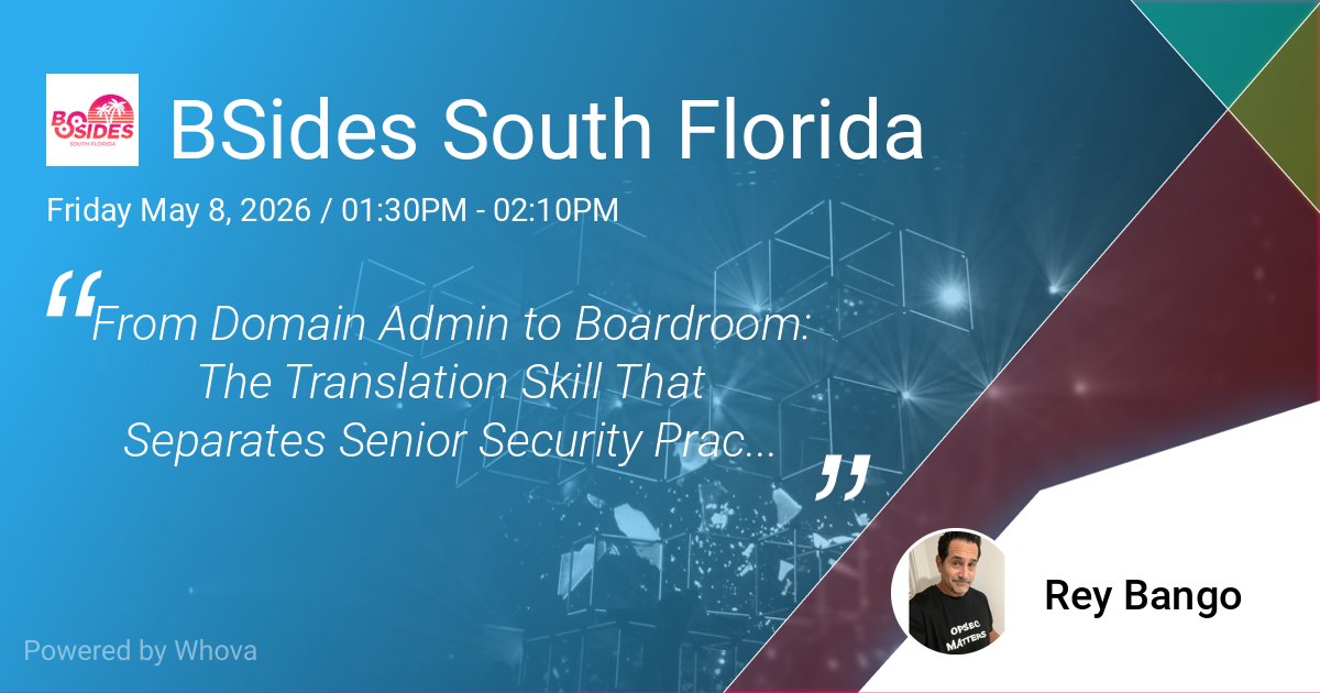 reybango's tweet photo. I'll be speaking at BSides South Florida on May 8, 2026. 

So excited to be speaking in my backyard!🎉 

Register here: https://t.co/5OxsG4dvRX 
 #bsidessoflo #bsidessouthflorida https://t.co/bgb4HdawgZ