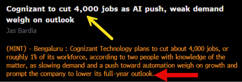 thejobchick's tweet photo. Cognizant cuts 4,000 JOBS

Remember last October when I said Infosys and Wipro were starting to crack and everyone acted like I was being dramatic?

Yeah.

Infosys revenue down.
HCL down.
Now we have Cognizant cutting 4,000 jobs while bringing in 20,000 freshers and calling it “AI transformation.”

I am watching a structural rewrite of IT service in the workforce.

The old model was more bodies equal more revenue.
The new model is fewer expensive people, more automation, and just enough junior talent to keep the machine moving.

I said last year this sector was heading for ugly.

I wasn’t kidding.
And I fully expect more layoffs in this arena.
$CTSH