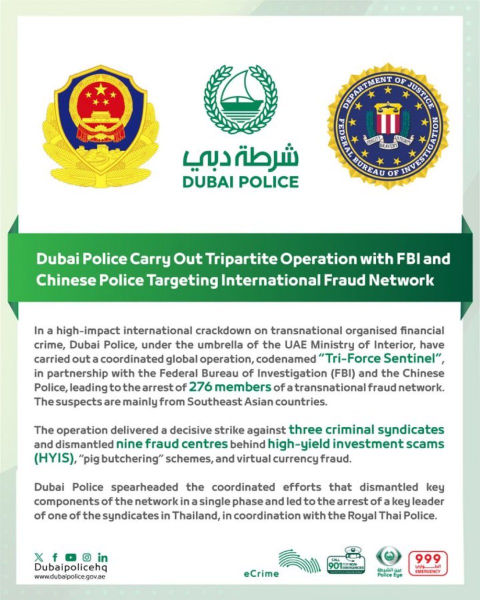 TGEThGlobalEye's tweet image. #BREAKING | 🇦🇪 🇺🇸 🇨🇳 — Dubai Police have arrested 276 members of a transnational fraud network in a coordinated international operation codenamed “Tri-Force Sentinel.”  

The tri-nation effort, carried out with the FBI and Chinese Police under the UAE Ministry of Interior,