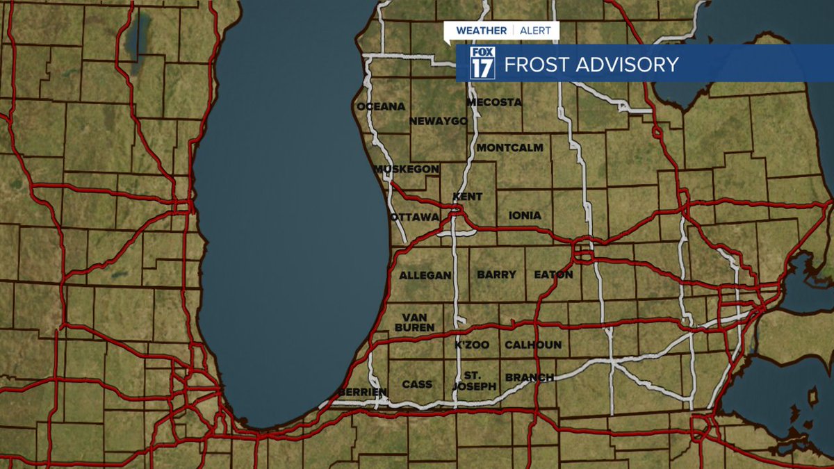 FOX17's tweet image. A Frost Advisory is in effect until 4/30 9:00AM for the following counties: Kent, Eaton, Montcalm, Clinton, Barry, Ionia, Isabella, Gratiot, Newaygo. #wmiwx #michigan
