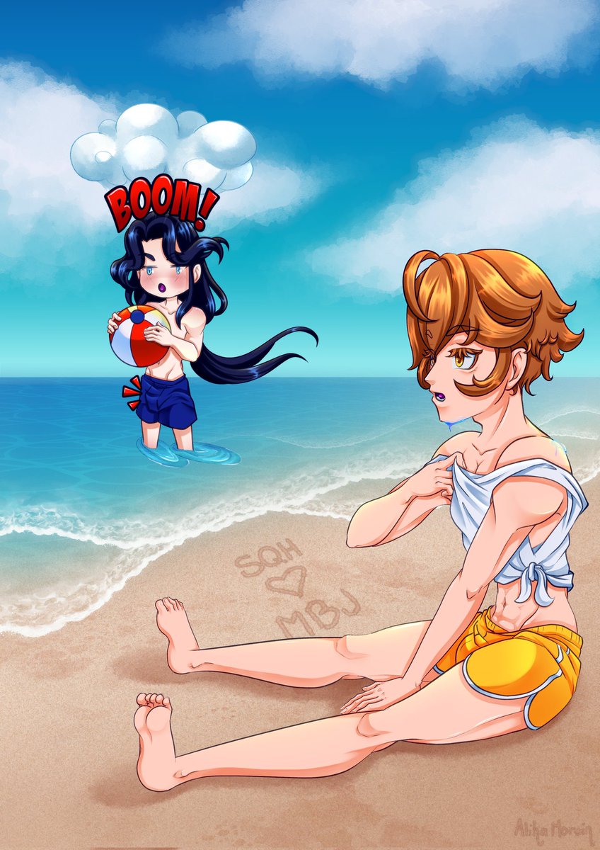 SomeGoodBeans's tweet photo. Prompt from Airplanecrashingdown (Tumblr) for the @MoshangEvents dxd event. 
Shang Qinghua's swimsuit is totally blowing Mobei Jun's mind. He might survive this beach trip, but not without a few ice cold dunks in the water. 
#svsss #moshang #teammbj https://t.co/18u61Mdjqn