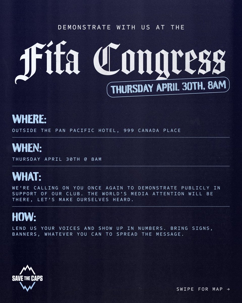 Southsiders's tweet image. If able, join us for a public demonstration at the FIFA Congress tomorrow morning. This is our opportunity to be seen in front of the world's media.

Be at the marked location with your #SaveTheCaps items.

Please respect any security cordons and keep it respectful and peaceful.