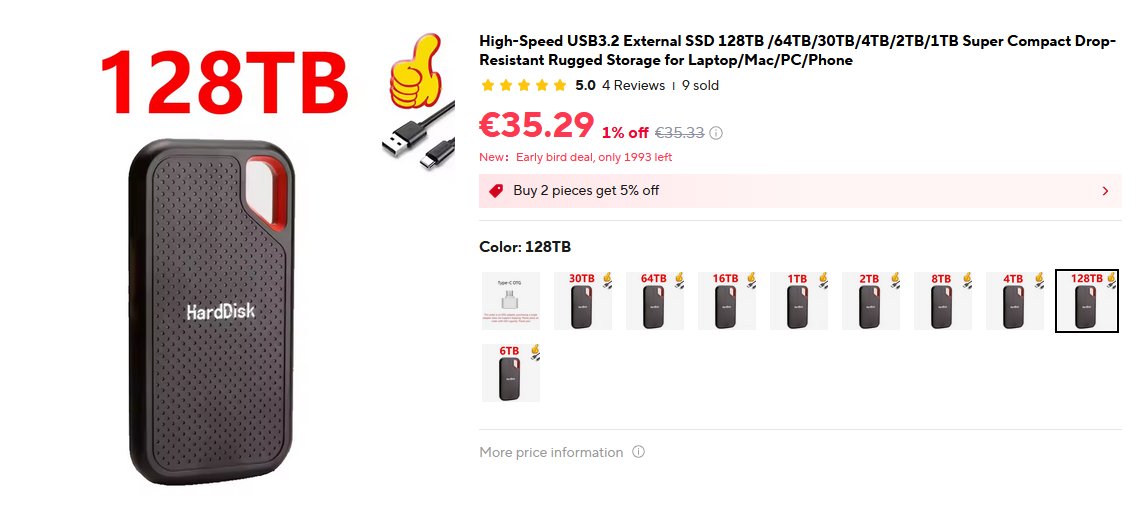 TuikoTrew's tweet image. In these hard times with RAM and SSD-s, maybe it's time to check Aliexpress to fulfill your needs :D

128 TB with 35 EUR, not bad I'd say! :D

/end of sarcasm/

#PCMR #PC #streaming #gaming