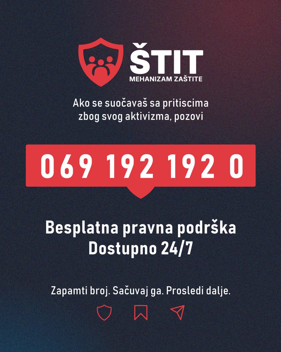 gradjanske's tweet photo. Zato postoji ŠTIT.
Da reaguje kada se pritisak dešava.
Da obezbedi pravnu podršku kada je najpotrebnija.
Da poveže ljude sa onima koji mogu da pomognu - gde god da se nalaze.

Ako se suočavaš sa pritiscima zbog svog aktivizma:
📞 069 192 192 0
✉️ stit@gradjanske.org

Broj je dostupan 24/7.
Zapamti ga. Sačuvaj. Prosledi dalje.

⬇️⬇️⬇️