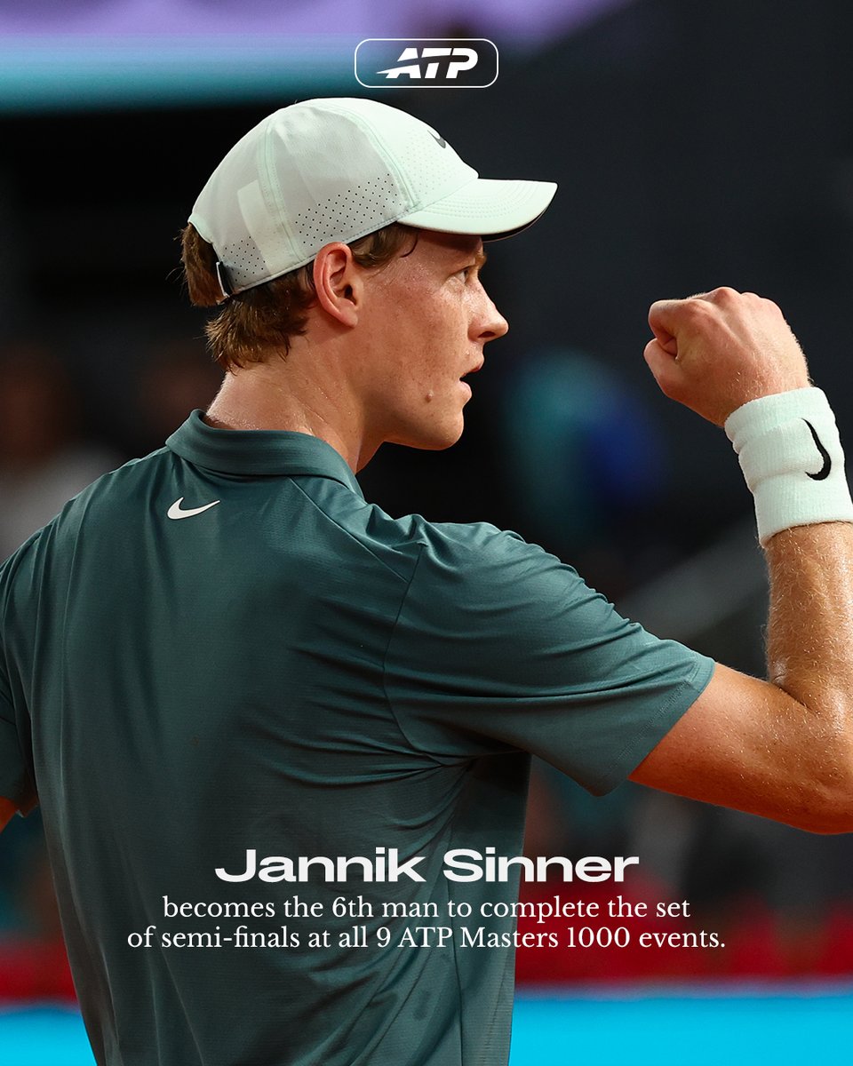 Sport_en_X's tweet image. SINNER alcanza otro hito!!🔥
                            👇
Se une a Nadal, Djokovic, Federer, Murray y Zverev al llegar a las semifinales de los 9 ATP Masters 1000 del circuito
#sinner #master1000