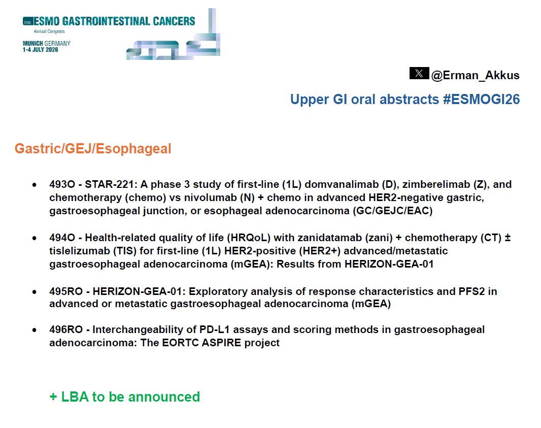 Erman_Akkus's tweet image. 🟪Oral abstracts #ESMOGI26 @myESMO 
Gastric/gastroesophageal

#cancer #oncology #MedX #GI #gastrointestinal #gastric #esophageal @OncoAlert