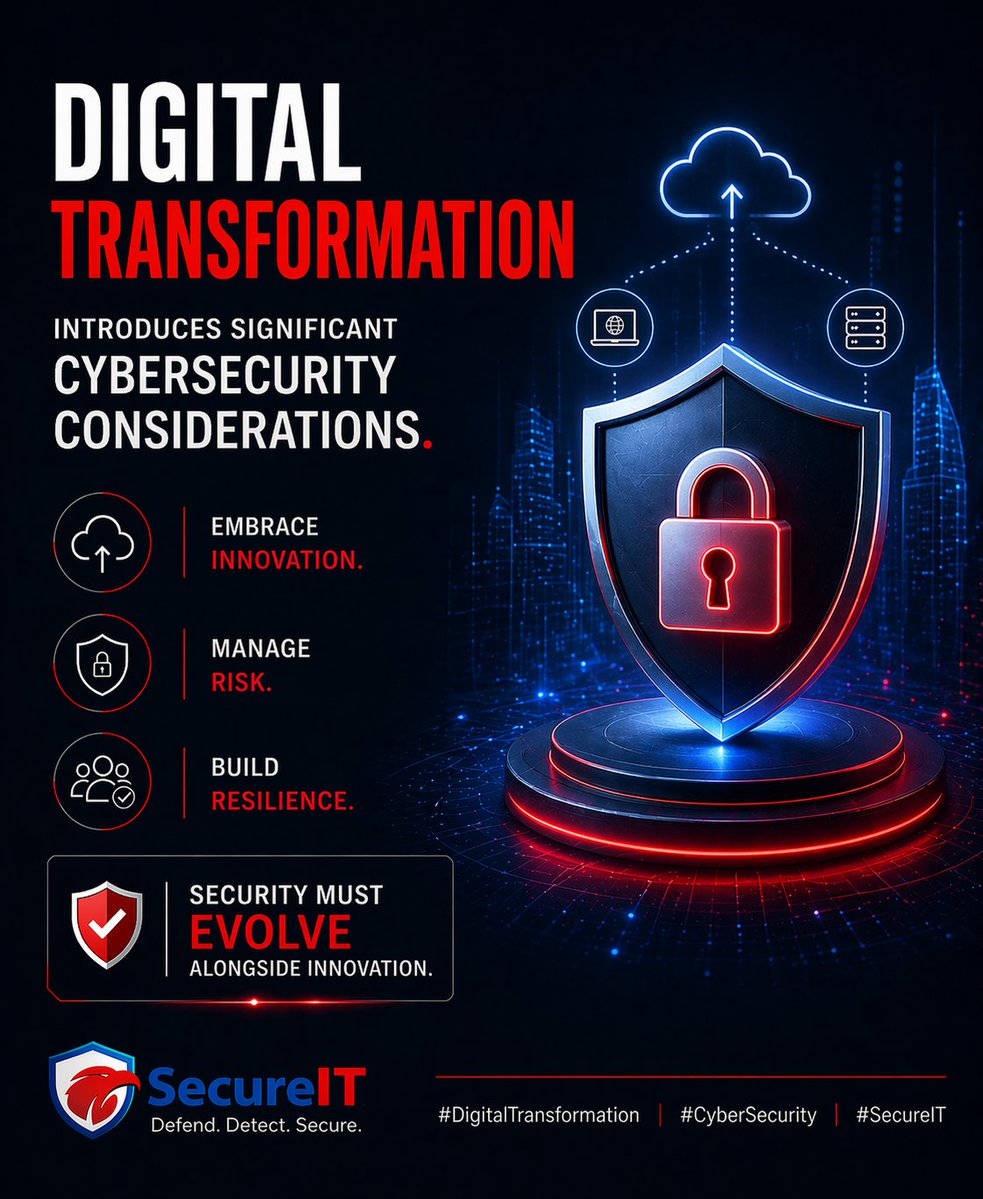 SecureIT_HQ's tweet image. Digital transformation expands opportunity — but also exposure.

As organizations adopt cloud, online services, and digital infrastructure, cyber risk must be managed with structure and intent.

Security must evolve alongside innovation.

#CyberSecurity #DigitalTransformation