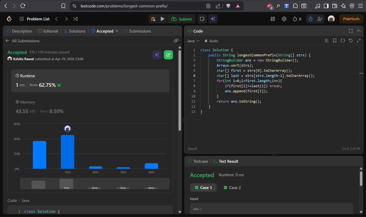 chinu_codes's tweet image. 🚀 Back to Coding - @ali_In_bits

• Solved LeetCode - Longest Common Prefix 🔤
• Practiced string comparison and prefix matching ⚙️
• Improved handling of edge cases 💡
#100DaysOfCode #DSA #Strings #LeetCode #CodingJourney