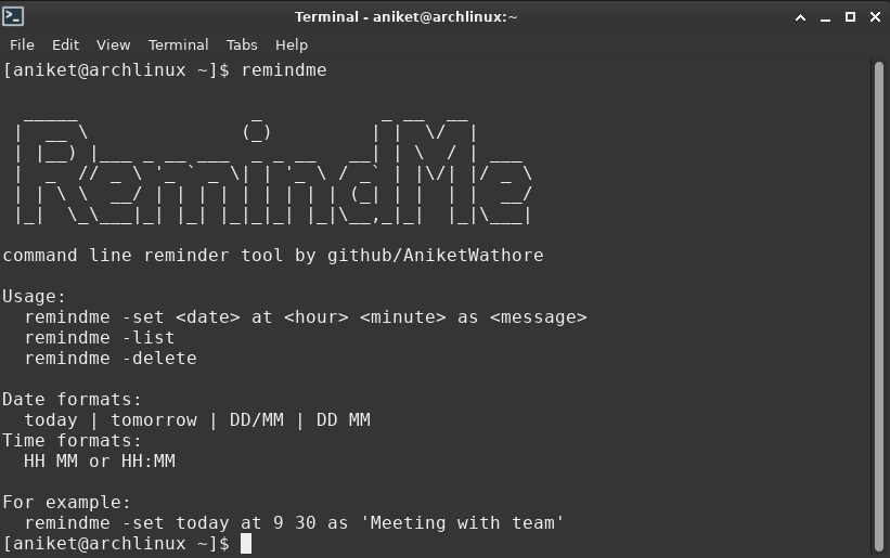 AniketDWathore's tweet photo. Today, I made a CLI based Reminder app/program which is solving a problem I faced going through multiple reminder apps for Arch Linux. 

Here's the link, you can use it for yourselves 🙂

#github #reminder

https://t.co/nrLuiTtq41 https://t.co/TWotDaXT0S
