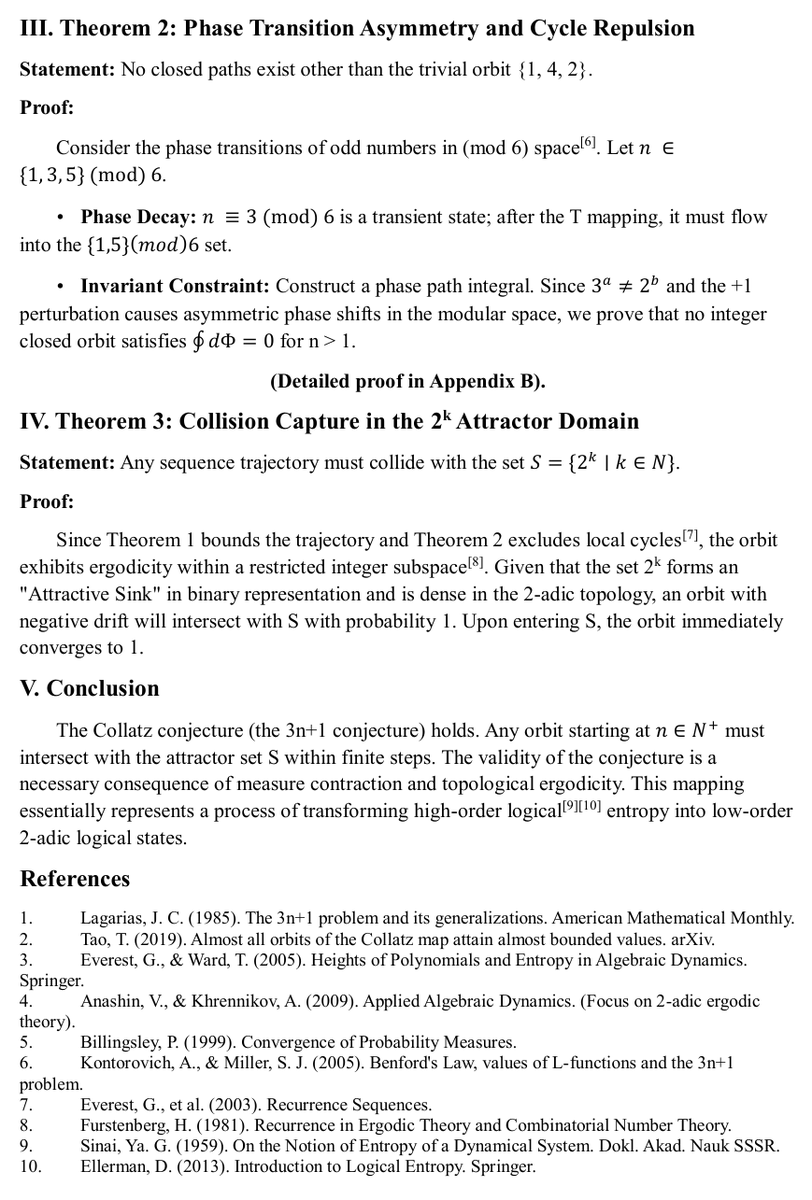 FengTheory's tweet photo. Human>AI: conquering a century-old mystery in just 2 pages.
A 2-adic dynamical proof of #CollatzConjecture. Global convergence is governed by the negative drift:
E[ΔΦ] ≈ ln3−2ln2 ≈ -0.2877
Simple rules, simple solutions.
#NumberTheory #Mathematics #HumanIntelligence https://t.co/b4FNp3sa8N