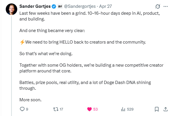 Going LIVE on Saturday (5/2) at 9AM PST! Here's what we'll be covering:

✅ $HELLO Token Giveaways
✅ Personal Life Update
✅ Brand New Era for $HELLO 🥳

<a href="/Sandergortjes/">Sander Gortjes</a> <a href="/IamBomb_Diggity/">Bomb_Diggity</a> <a href="/KevinPhilippa/">Kevin</a>