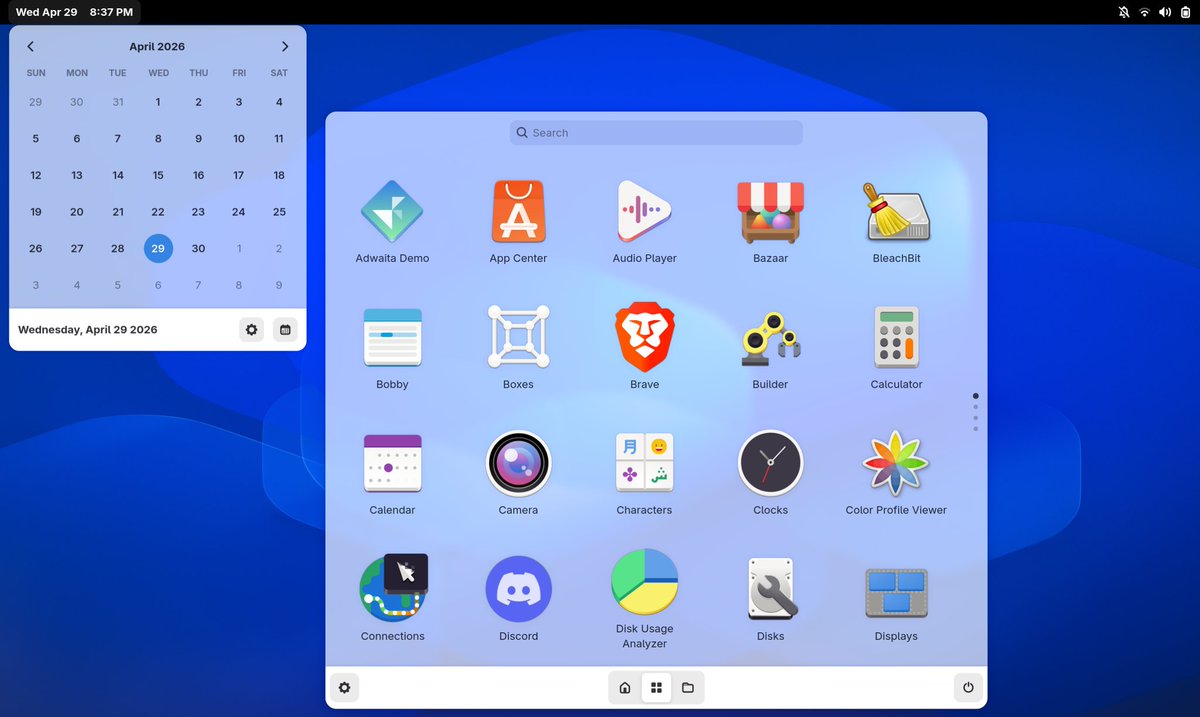 muqtxdir's tweet photo. experimenting with gtk4-layer-shell, libadwaita with blur on wayfire, in screenshots: a basic prototype of top panel and app-launcher
#wayfire #wayland https://t.co/r3duV5BQmm